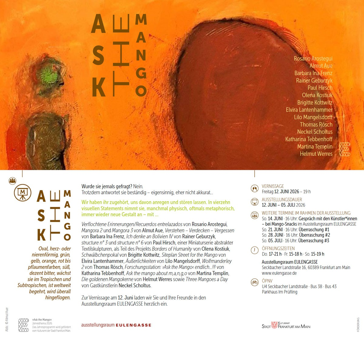 Einladungskarte zur Kunstausstellung "Ask the Mango", ausstellungsraum EULENGASSE 2026